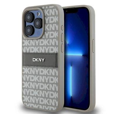 Dėklas DKNY Leather Mono StripeMetal LogoiPhone 15 Pro - Smėlinis