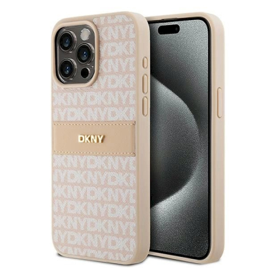 Dėklas DKNY Leather Mono StripeMetal LogoiPhone 15 Pro Max - Rožinis