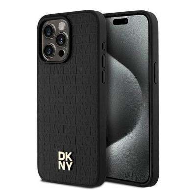 Dėklas DKNY Leather Monogram Pattern Metal Logo MagSafeiPhone 15 Pro Max - Juodas