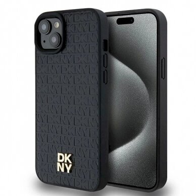 Dėklas DKNY Leather Pattern Metal Logo MagSafeiPhone 15/14/13 - Juodas