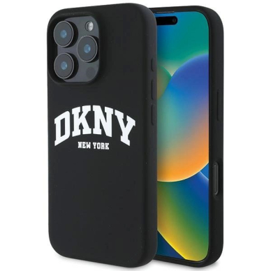 Dėklas DKNY Silicone White Printed Logo MagSafe  iPhone 16 Pro Max - Juodas