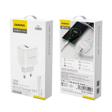 Dudao A20EU USB-A 18W network Įkroviklis  - baltas + USB-A - USB-C Kabelis 4