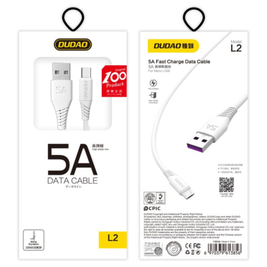 USB Kabelis Dudao / USB Type C fasst charging data kabelis 5A 2m baltas (L2T 2m baltas)  UGLX912 2