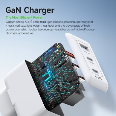 [Užsakomoji prekė] Duzzona - Wall Charger 3in1 (T9) - USB, 2x USB-C, GaN Fast Charging 65W - Baltas 4