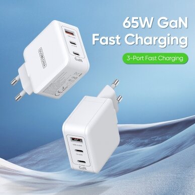 [Užsakomoji prekė] Duzzona - Wall Charger 3in1 (T9) - USB, 2x USB-C, GaN Fast Charging 65W - Baltas 6