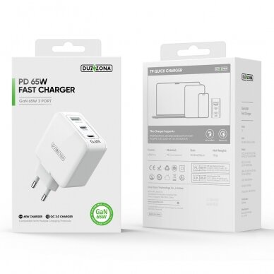 [Užsakomoji prekė] Duzzona - Wall Charger 3in1 (T9) - USB, 2x USB-C, GaN Fast Charging 65W - Baltas 7