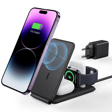 [Užsakomoji prekė] ESR - Premium 3in1 Travel Wireless Charging Set (2C569A) - for iPhone, MFi Apple Watch (5W), AirPods, Fast Charging - Baltas 1