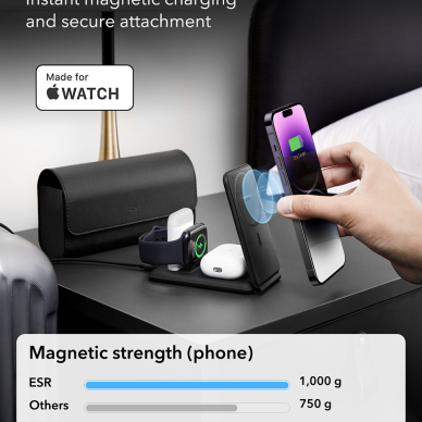 [Užsakomoji prekė] ESR - Premium 3in1 Travel Wireless Charging Set (2C569A) - for iPhone, MFi Apple Watch (5W), AirPods, Fast Charging - Baltas 7