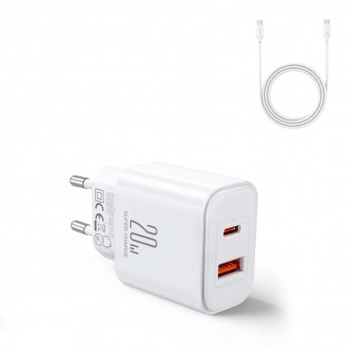 EU Joyroom JR-TCF05 20W USB-A USB-C Įkroviklis  + USB-C Kabelis - baltas