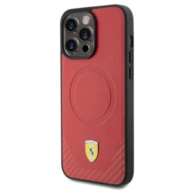 Ferrari Carbon Metal Logo MagSafe Dėklas iPhone 15 Pro - raudonas 1