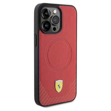 Ferrari Carbon Metal Logo MagSafe Dėklas iPhone 15 Pro - raudonas 3