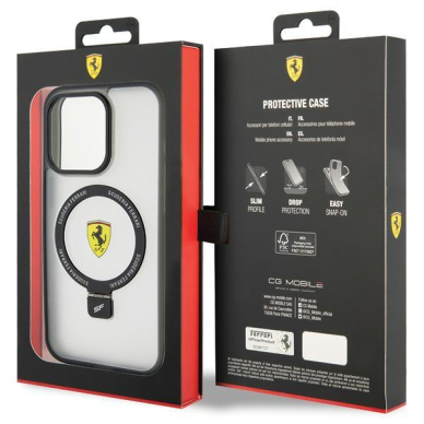 Originalus dėklas Ferrari FEHMP15LUSCAH iPhone 15 Pro 6.1  Permatomas hardcase Ring Stand 2023 Collection MagSafe 7