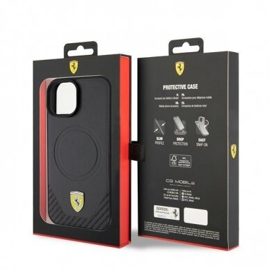 Originalus dėklas Ferrari FEHMP15SPTEK iPhone 15 6.1  Juodas hardcase Carbon Metal Logo MagSafe 7