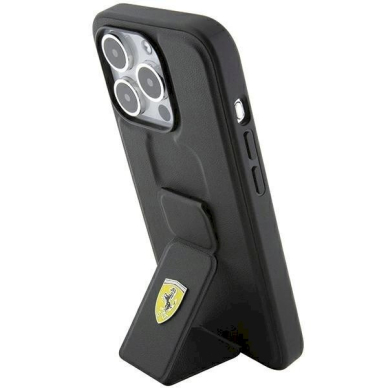 Ferrari Grip Stand Metal Logo dėklas skirtas iPhone 15 Pro - Juodas 1