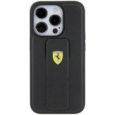 Ferrari Grip Stand Metal Logo dėklas skirtas iPhone 15 Pro - Juodas 3