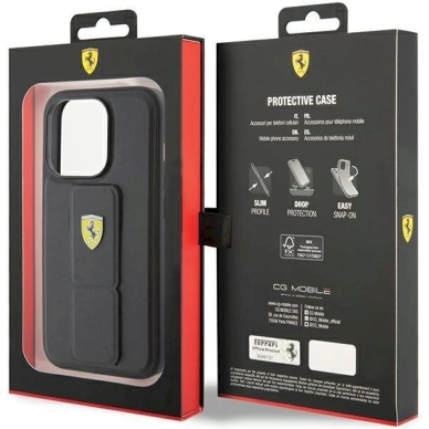 Ferrari Grip Stand Metal Logo dėklas skirtas iPhone 15 Pro - Juodas 8