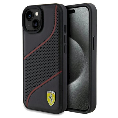 Ferrari Perforated Waves Metal Logo dėklas skirtas iPhone 15 / 14 / 13 - Juodas