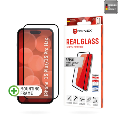 [Užsakomoji prekė] Grūdintas stikliukas iPhone 15 Plus / 15 Pro Max - Displex Real Glass Full Cover - Juodas