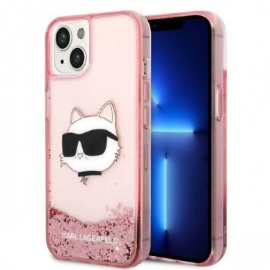 Telefono Dėklas Karl Lagerfeld Glitter Choupette Head na iPhone 14 Plus Skaidrus Rožinis GNZ022