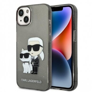 Telefono Dėklas Karl Lagerfeld Glitter Karl&Choupette na iPhone 14 Plus Juodas Skaidrus Blizgus GNZ022