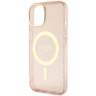 Telefono Dėklas Case Guess iPhone 14 6.1" Rožinis Skaidrus hardcase Glitter Gold MagSafe GNZ022 1