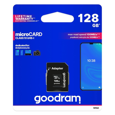 Goodram Microcard 128 GB micro SD XC UHS-I class 10 memory card, SD adapter (M1AA-01280R12)