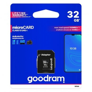 Goodram Microcard 32 GB micro SD HC UHS-I class 10 atminties kortelė, SD adapteris (M1AA-0320R12)