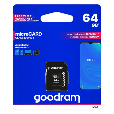 Goodram Microcard 64 GB micro SD XC UHS-I class 10 memory card, SD adapter (M1AA-0640R12)