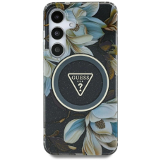 Guess Glitter Flowers Triangle Buttons MagSafe Dėklas Samsung Galaxy S25 Ultra Juodas