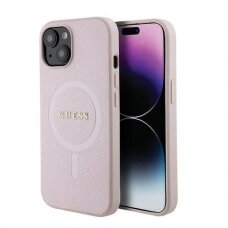 Originalus dėklas Guess GUHMP15SPSAHMCP iPhone 15 6.1  rožinis/rožinis hardcase Saffiano MagSafe