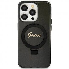 Originalus Guess dėklas Ring Stand Script Glitter MagSafeiPhone 12/12 Pro - Juodas