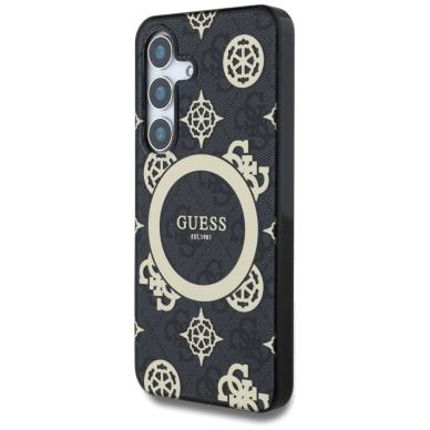 Guess 4G Background Gold Electroplated Peony Pattern MagSafe Dėklas Samsung Galaxy S25 Juodas 1