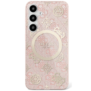 Guess 4G Background Gold Electroplated Peony Pattern MagSafe Dėklas Samsung Galaxy S25 pink