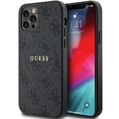 Guess 4G Collection Leather Metal Logo MagSafe Dėklas iPhone 12 Pro / iPhone 12 - Juodas