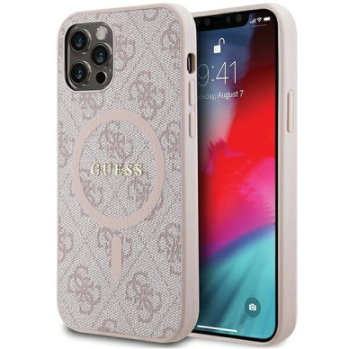 Guess 4G Collection Leather Metal Logo MagSafe Dėklas iPhone 12 Pro / iPhone 12 - Rožinis