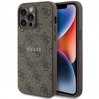 Originalus Guess dėklas 4G Collection Leather Metal Logo MagSafeiPhone 13 Pro / iPhone 13 - Rudas