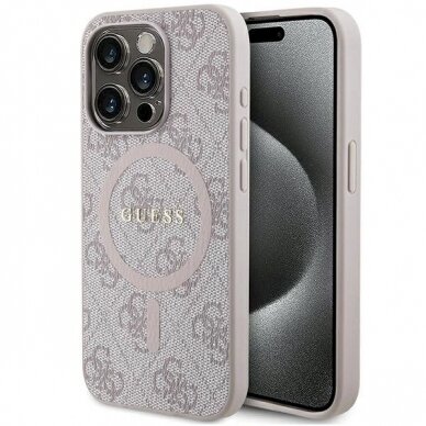 Originalus Guess dėklas 4G Collection Leather Metal Logo MagSafeiPhone 14 Pro - Rožinis