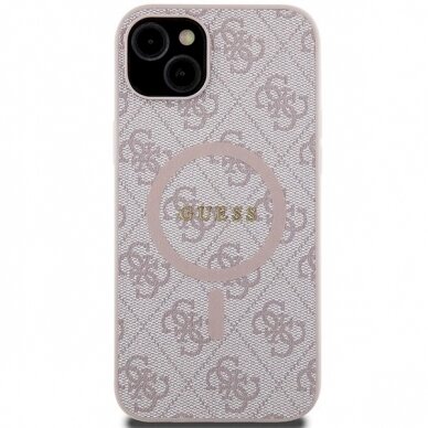 Originalus Guess dėklas 4G Collection Leather Metal Logo MagSafeiPhone 15 Plus / 14 Plus - Rožinis 2