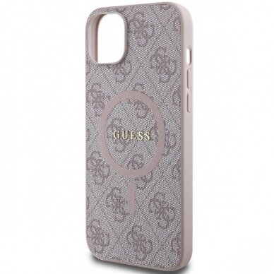 Originalus Guess dėklas 4G Collection Leather Metal Logo MagSafeiPhone 15 Plus / 14 Plus - Rožinis 5