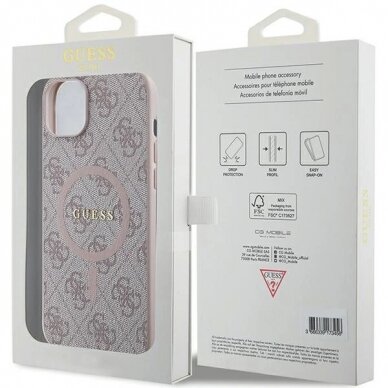 Originalus Guess dėklas 4G Collection Leather Metal Logo MagSafeiPhone 15 Plus / 14 Plus - Rožinis 7