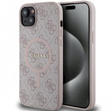 Originalus Guess dėklas 4G Collection Leather Metal Logo MagSafeiPhone 15 Plus / 14 Plus - Rožinis