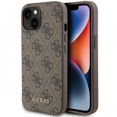 Dėklas Guess 4G Metal Auksinis Logo   iPhone 15 - Rudas