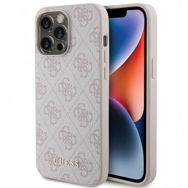 Akcija! Dėklas Guess 4G Metal Auksinis Logo   iPhone 15 Pro Max - Rožinis