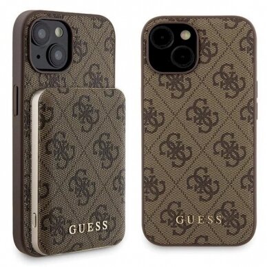 Guess 4G Metal Logo Dėklas set iPhone 15 + 5000mAh MagSafe power bank - Rudas