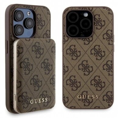 Guess 4G Metal Logo Dėklas set iPhone 15 Pro + 5000mAh MagSafe power bank - Rudas