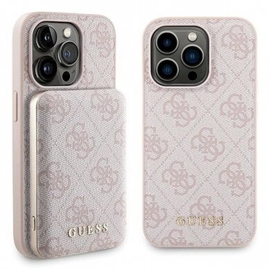 Guess 4G Metal Logo Dėklas set iPhone 15 Pro + 5000mAh MagSafe power bank - Rožinis