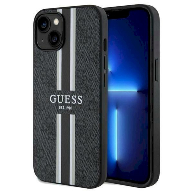 Originalus Guess dėklas 4G Printed Stripes MagSafeiPhone 15/14/13 - Juodas