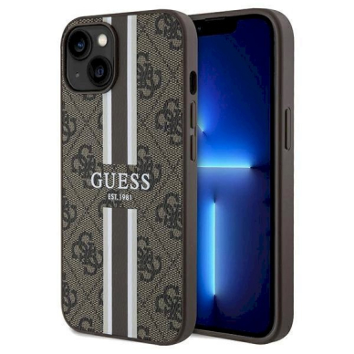 Originalus Guess dėklas 4G Printed Stripes MagSafeiPhone 15/14/13 - Rudas