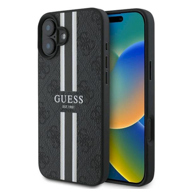 Guess 4G Printed Stripes MagSafe Dėklas iPhone 16 Plus - juodas