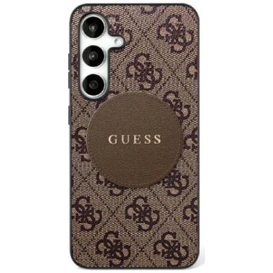 Guess 4G Round Patch Classic Logo MagSafe Dėklas Samsung Galaxy S25 Rudas